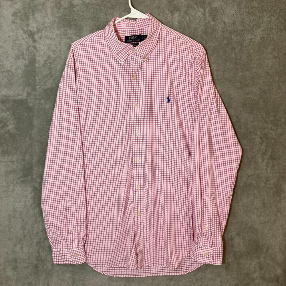 Ralph Lauren Polo Shirt Men L Large Pink Gingham Check Performance Classic Fit
